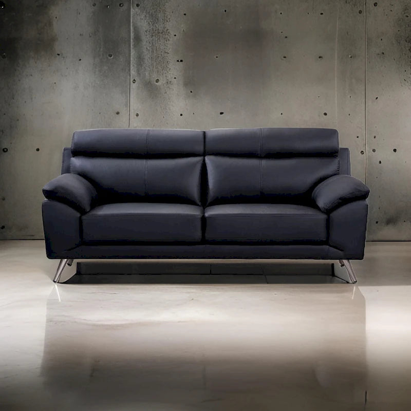 80 Inch Sofa, Black Top Grain Leather, Foam Cushions, Steel Legs