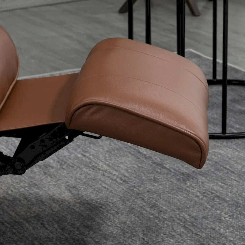 Manueller PU-Leder-Sessel mit Liegefunktion, moderner Loungesessel, verstellbarer drehbarer Armlehnsessel mit Holzuntergestell und Fußstütze
