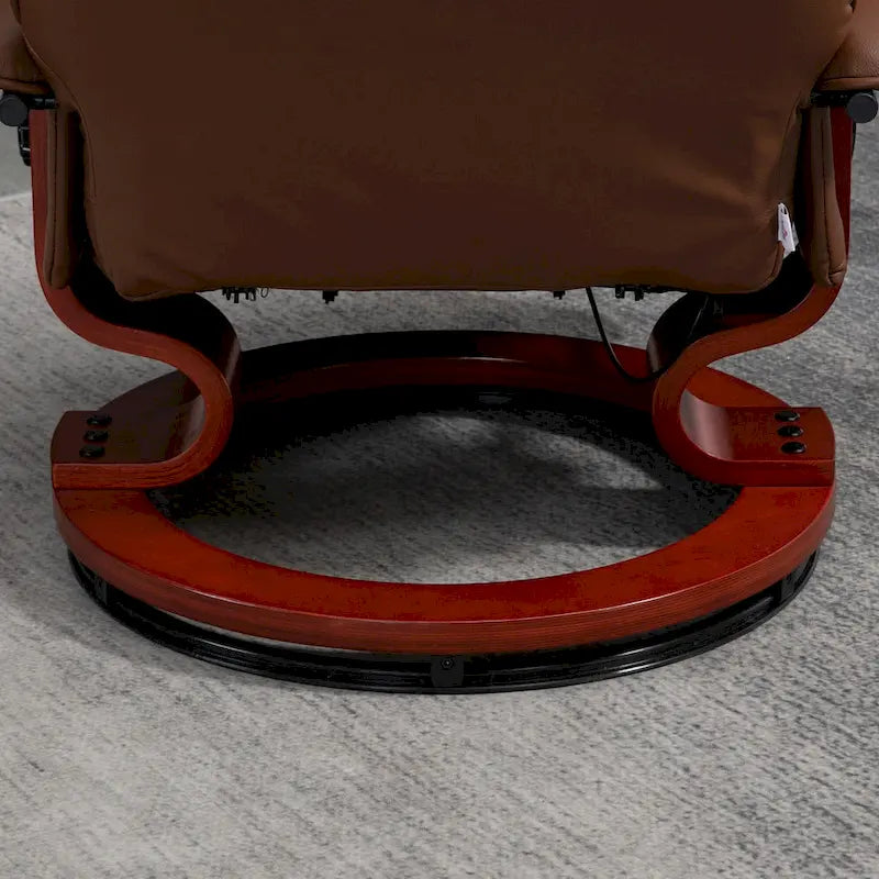Manueller PU-Leder-Sessel mit Liegefunktion, moderner Loungesessel, verstellbarer drehbarer Armlehnsessel mit Holzuntergestell und Fußstütze