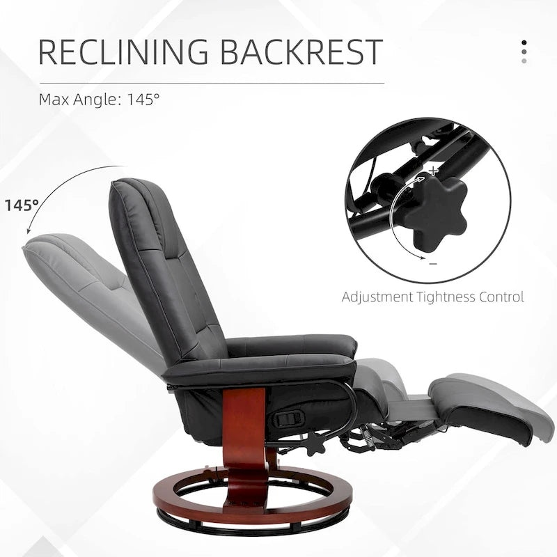 Manueller PU-Leder-Sessel mit Liegefunktion, moderner Loungesessel, verstellbarer drehbarer Armlehnsessel mit Holzuntergestell und Fußstütze