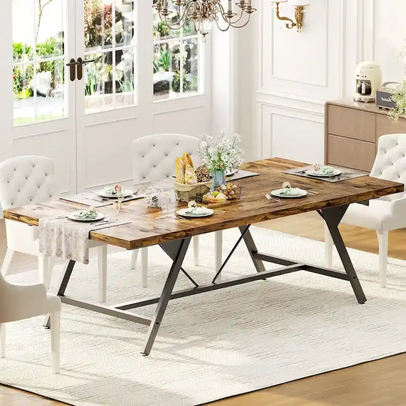 Farmhouse Dining Table for 8 People, 70.8-Inch Rectangular Wood Kitchen Table