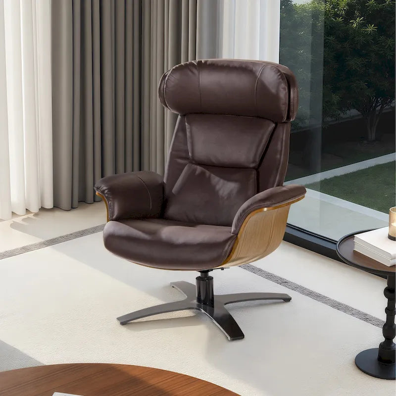 31.5 Curved Wood Genuine Leather Recliner Lounge Chair