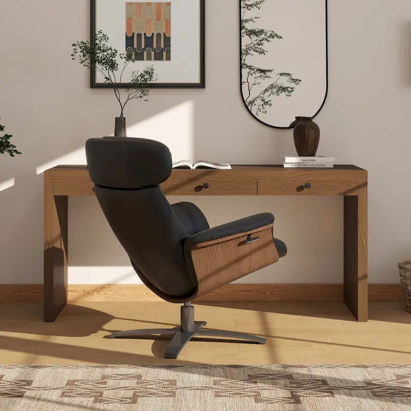 31.5 Curved Wood Genuine Leather Recliner Lounge Chair