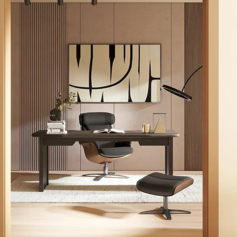 31.5 Curved Wood Genuine Leather Recliner Lounge Chair