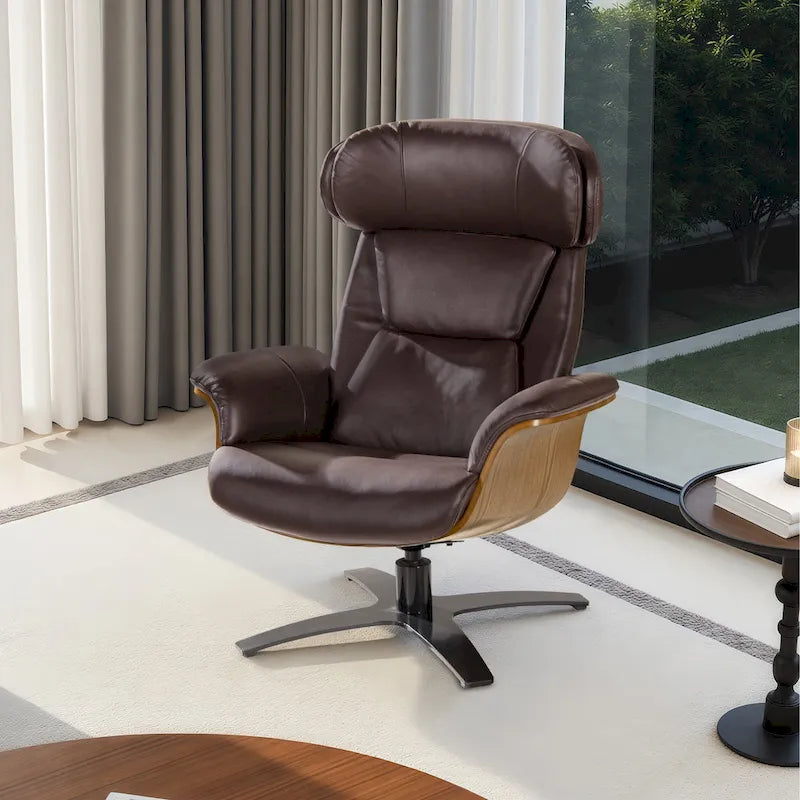 31.5 Curved Wood Genuine Leather Recliner Lounge Chair
