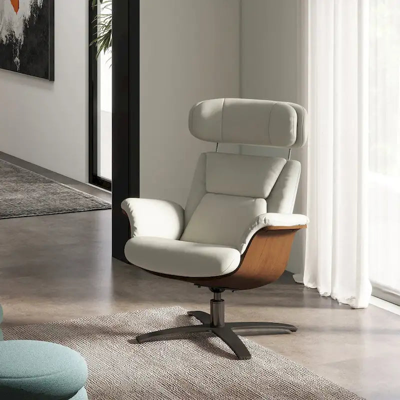 31.5 Curved Wood Genuine Leather Recliner Lounge Chair