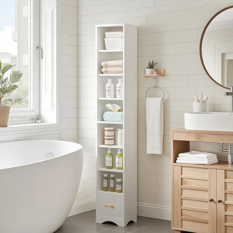 70.9 Inch Tall Bathroom Narrow Linen Cabinet, 8 Tiers Solid Wood Freestanding Storage Cabinet