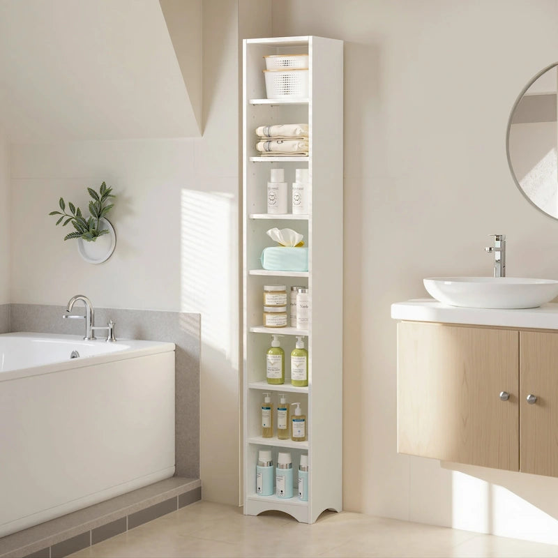 70.9 Inch Tall Bathroom Narrow Linen Cabinet, 8 Tiers Solid Wood Freestanding Storage Cabinet