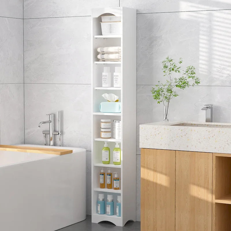70.9 Inch Tall Bathroom Narrow Linen Cabinet, 8 Tiers Solid Wood Freestanding Storage Cabinet