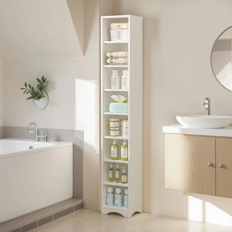 70.9 Inch Tall Bathroom Narrow Linen Cabinet, 8 Tiers Solid Wood Freestanding Storage Cabinet