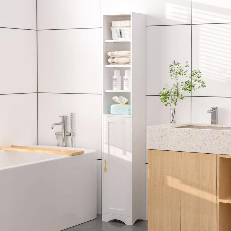 70.9 Inch Tall Bathroom Narrow Linen Cabinet, 8 Tiers Solid Wood Freestanding Storage Cabinet