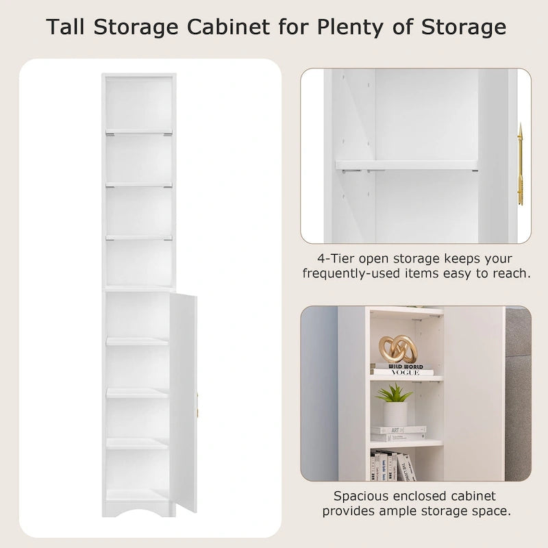 70.9 Inch Tall Bathroom Narrow Linen Cabinet, 8 Tiers Solid Wood Freestanding Storage Cabinet