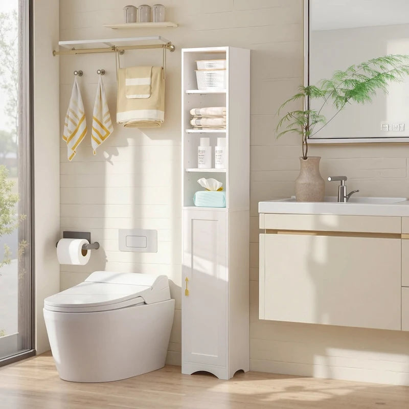 70.9 Inch Tall Bathroom Narrow Linen Cabinet, 8 Tiers Solid Wood Freestanding Storage Cabinet