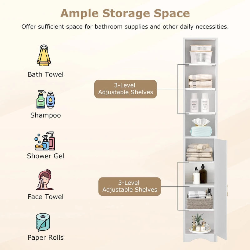 70.9 Inch Tall Bathroom Narrow Linen Cabinet, 8 Tiers Solid Wood Freestanding Storage Cabinet