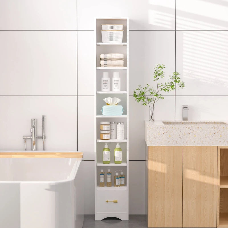 70.9 Inch Tall Bathroom Narrow Linen Cabinet, 8 Tiers Solid Wood Freestanding Storage Cabinet