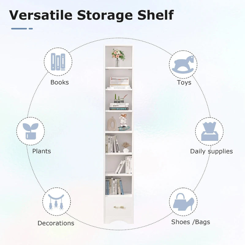 70.9 Inch Tall Bathroom Narrow Linen Cabinet, 8 Tiers Solid Wood Freestanding Storage Cabinet