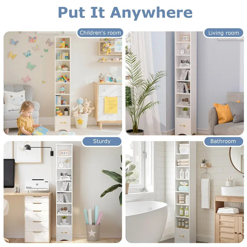 70.9 Inch Tall Bathroom Narrow Linen Cabinet, 8 Tiers Solid Wood Freestanding Storage Cabinet