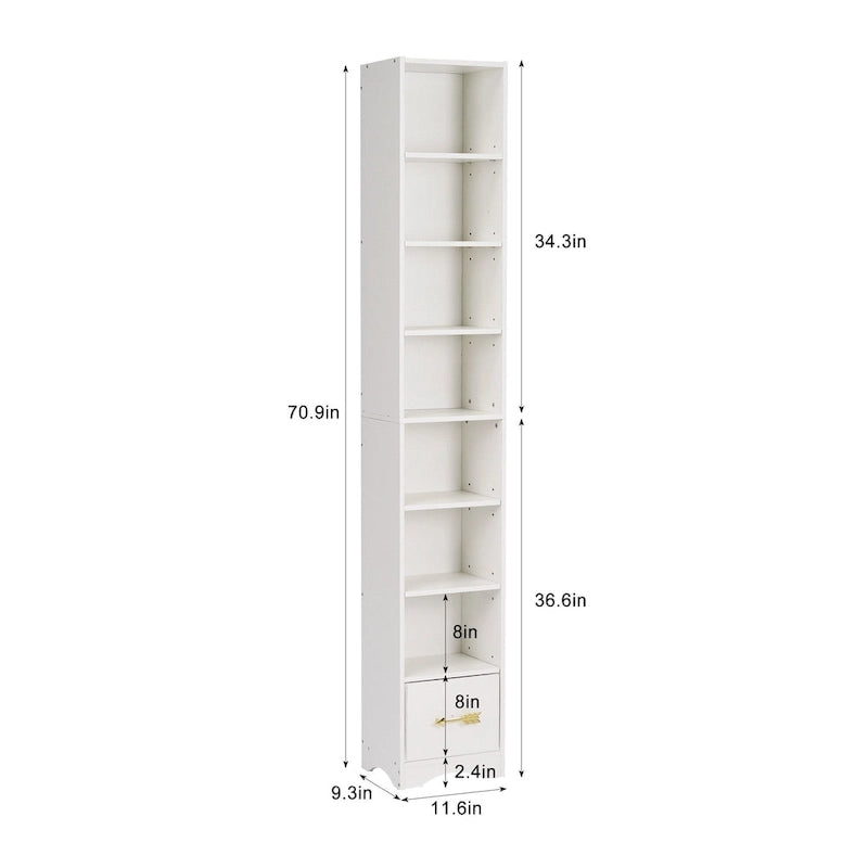 70.9 Inch Tall Bathroom Narrow Linen Cabinet, 8 Tiers Solid Wood Freestanding Storage Cabinet
