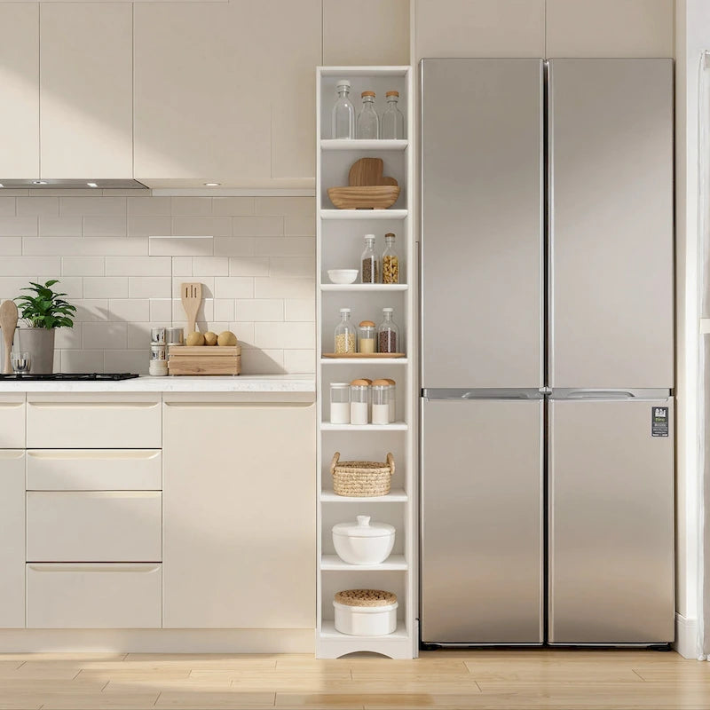 70.9 Inch Tall Bathroom Narrow Linen Cabinet, 8 Tiers Solid Wood Freestanding Storage Cabinet
