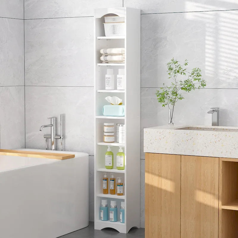70.9 Inch Tall Bathroom Narrow Linen Cabinet, 8 Tiers Solid Wood Freestanding Storage Cabinet
