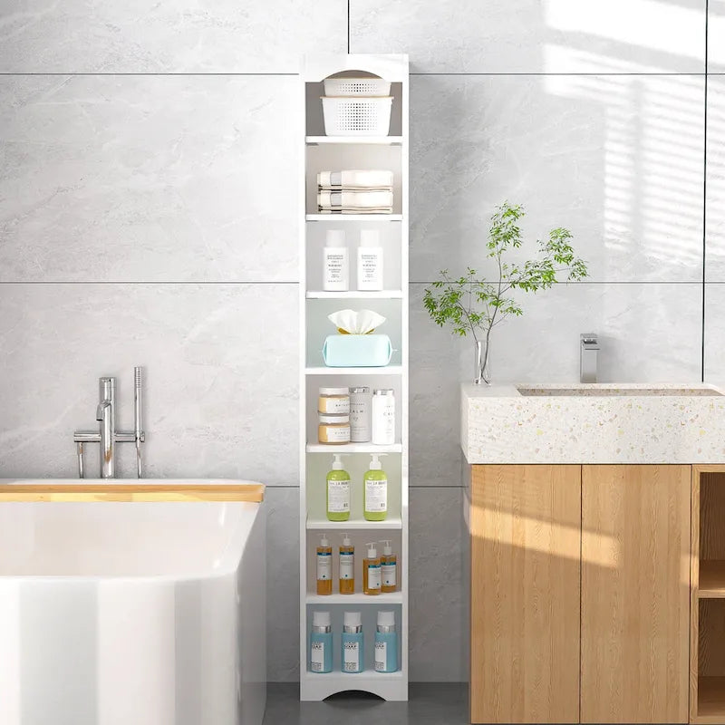 70.9 Inch Tall Bathroom Narrow Linen Cabinet, 8 Tiers Solid Wood Freestanding Storage Cabinet