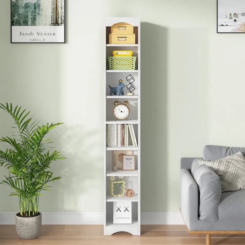 70.9 Inch Tall Bathroom Narrow Linen Cabinet, 8 Tiers Solid Wood Freestanding Storage Cabinet