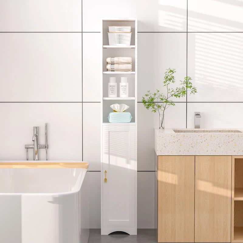 70.9 Inch Tall Bathroom Narrow Linen Cabinet, 8 Tiers Solid Wood Freestanding Storage Cabinet