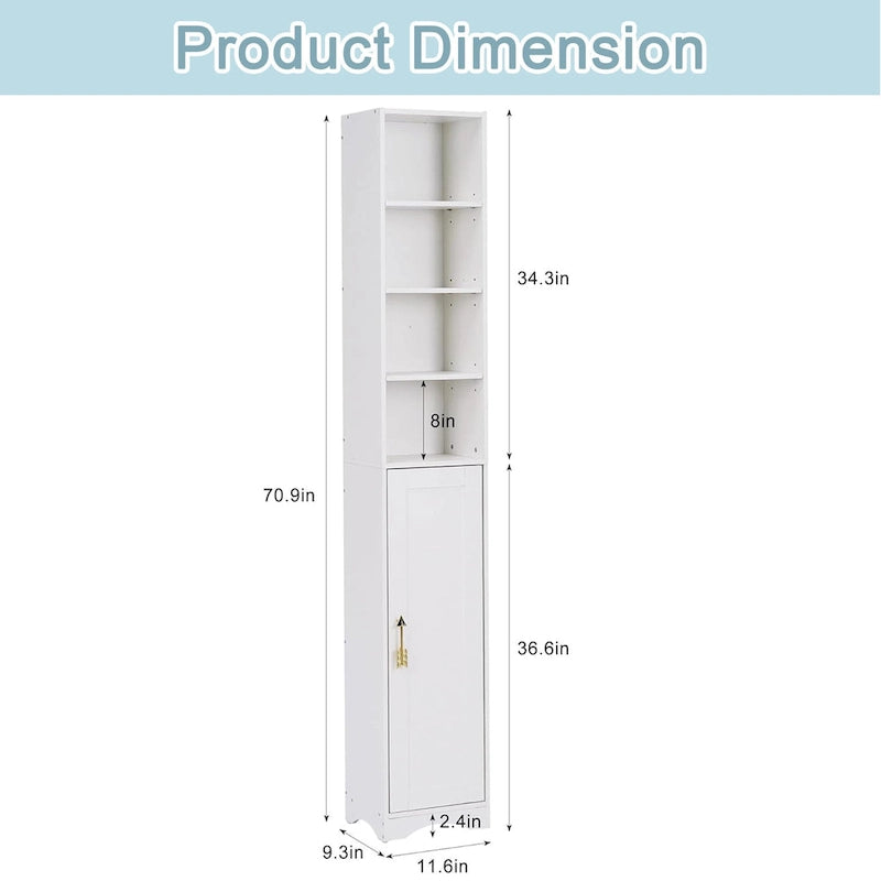 70.9 Inch Tall Bathroom Narrow Linen Cabinet, 8 Tiers Solid Wood Freestanding Storage Cabinet