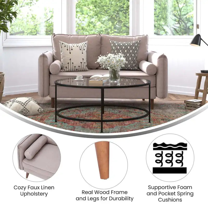 Compact Faux Linen Upholstered Loveseat with Wooden Legs