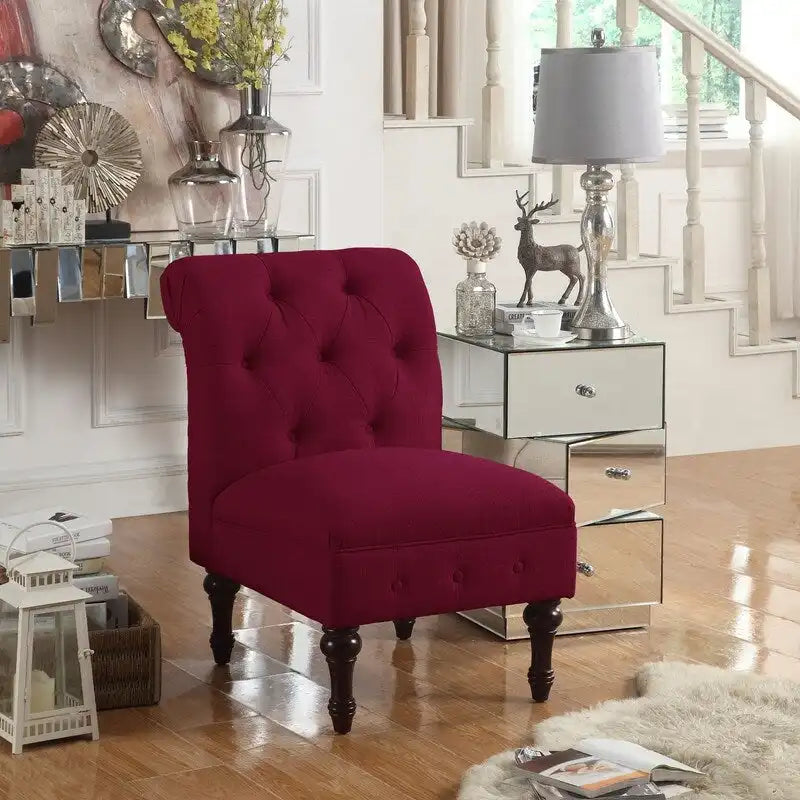 Armless Linen Slipper Chair with Tufted Back and Espresso Legs