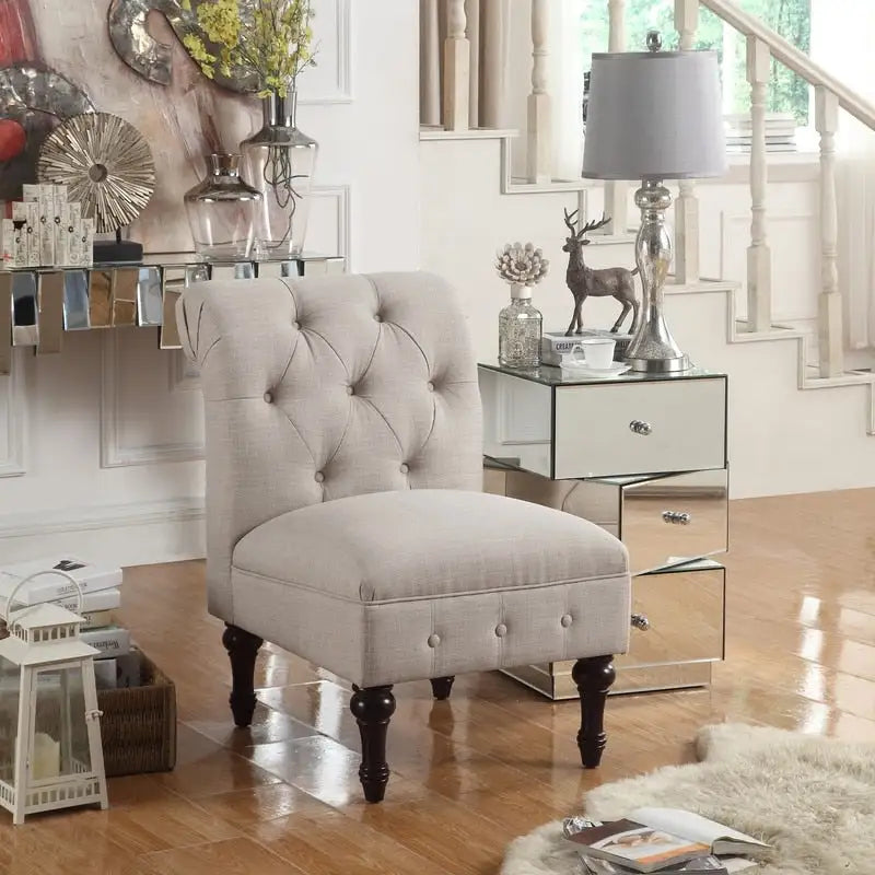 Armless Linen Slipper Chair with Tufted Back and Espresso Legs
