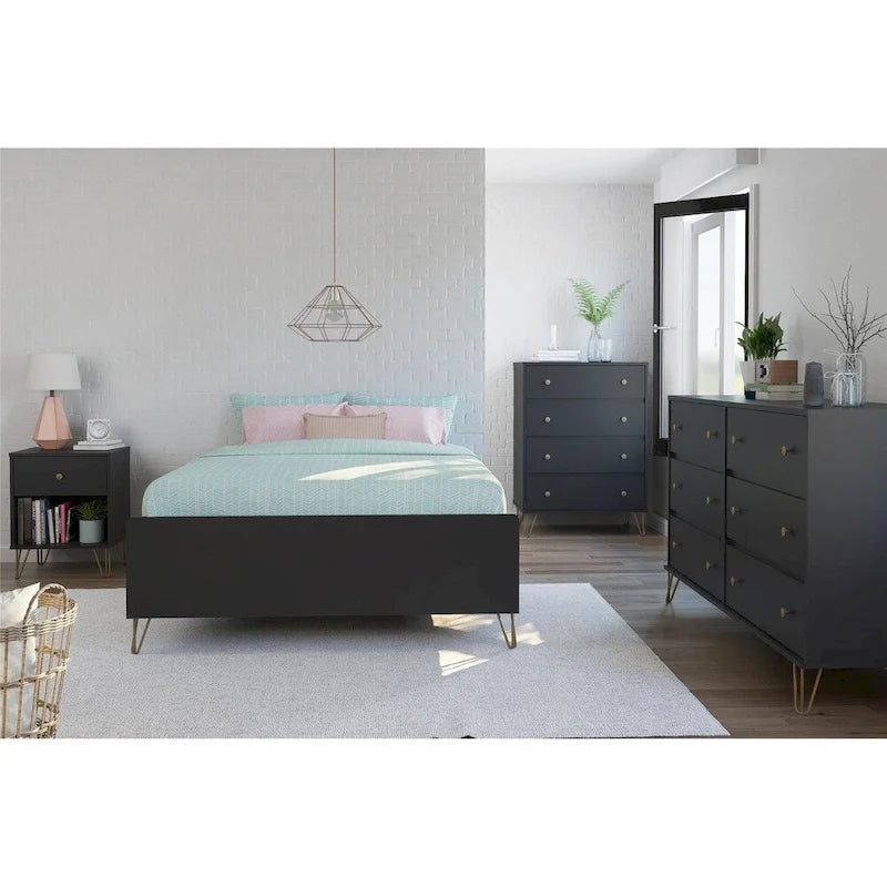 Black Mid-Century Modern Nightstand with Gold Hairpin Legs