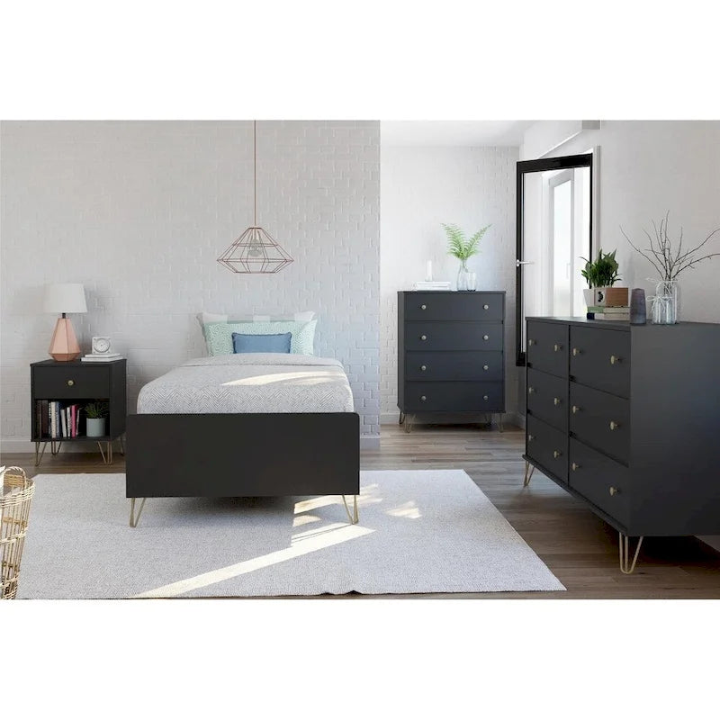 Black Mid-Century Modern Nightstand with Gold Hairpin Legs