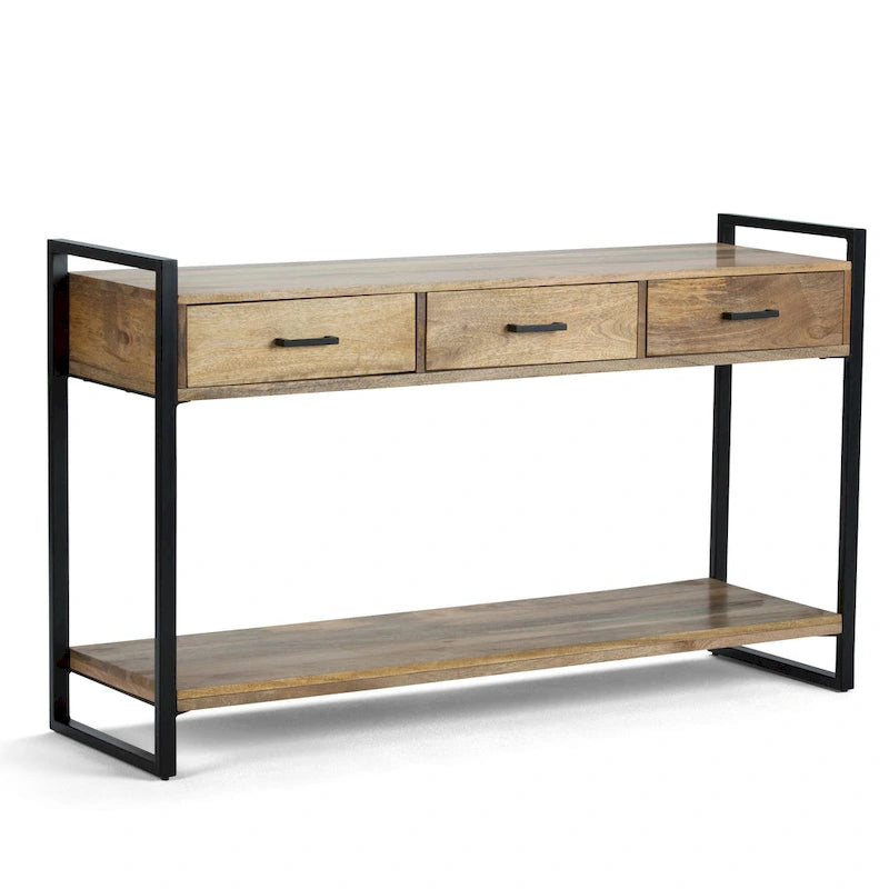 Solid Mango Wood and Metal 54-inch Modern Industrial Console Sofa Table, Natural