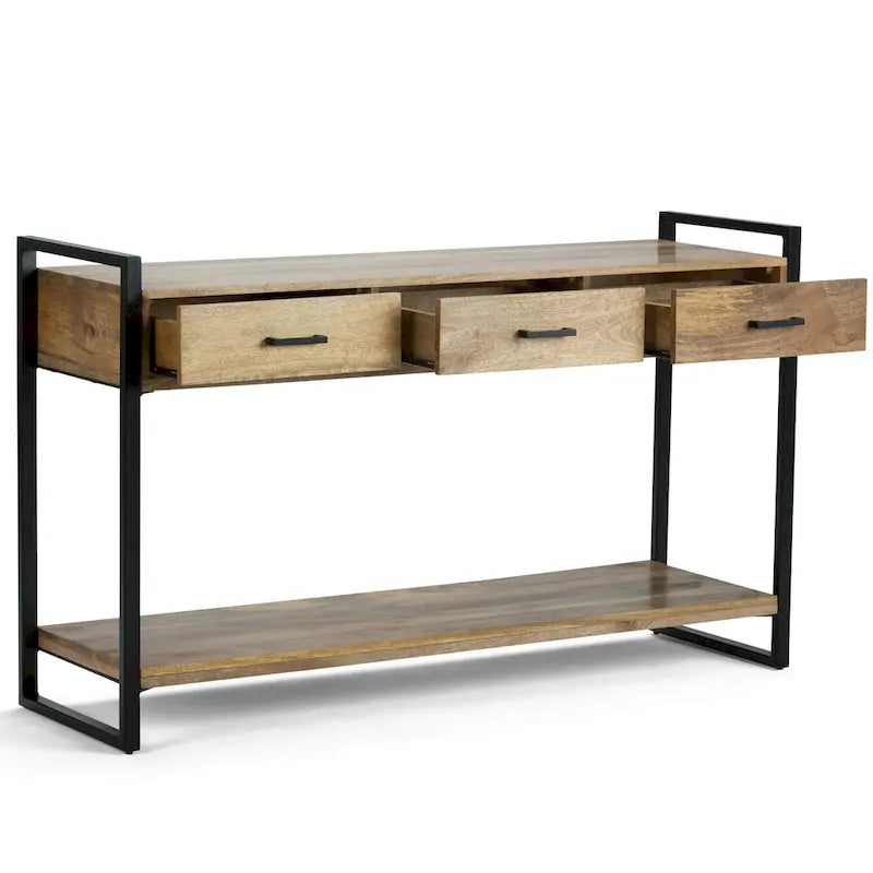 Solid Mango Wood and Metal 54-inch Modern Industrial Console Sofa Table, Natural