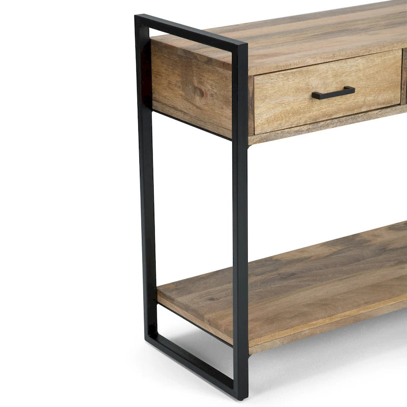 Solid Mango Wood and Metal 54-inch Modern Industrial Console Sofa Table, Natural