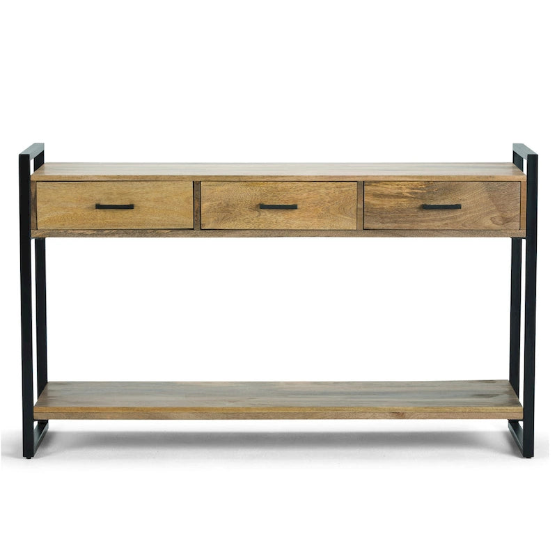 Solid Mango Wood and Metal 54-inch Modern Industrial Console Sofa Table, Natural