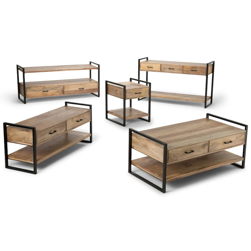 Solid Mango Wood and Metal 54-inch Modern Industrial Console Sofa Table, Natural
