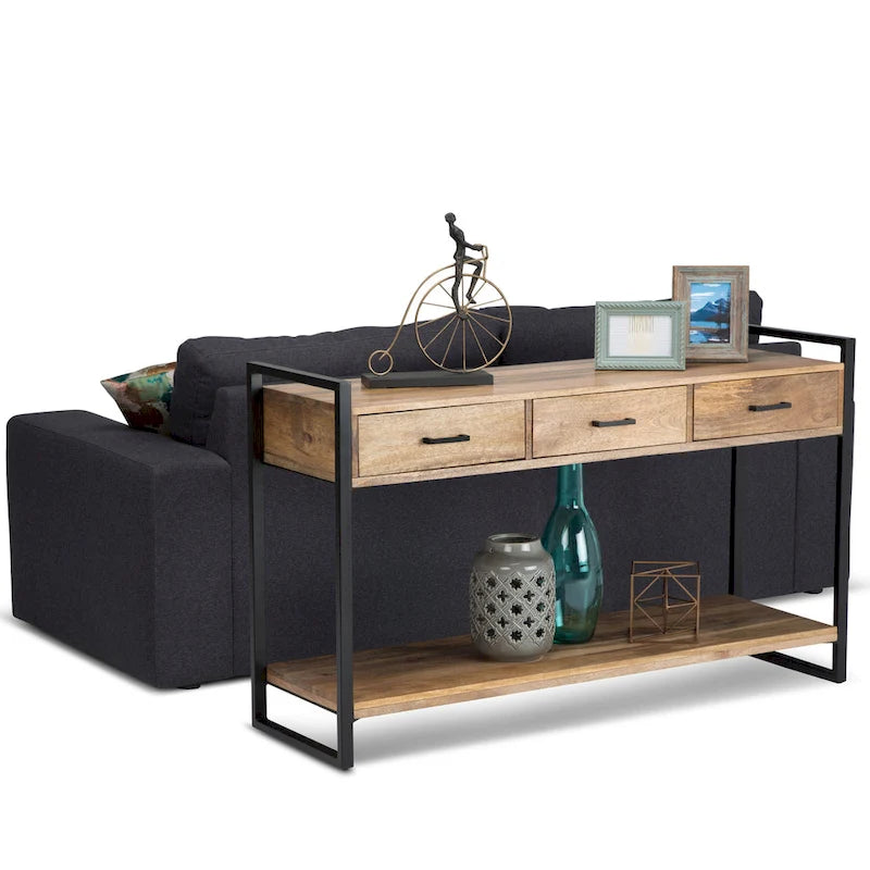 Solid Mango Wood and Metal 54-inch Modern Industrial Console Sofa Table, Natural