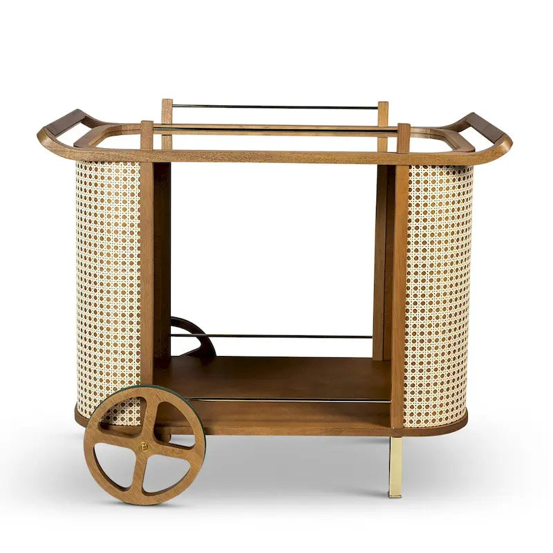 Moderner Barwagen mit Spiegelfläche, Ledergriff und Wiener Geflecht