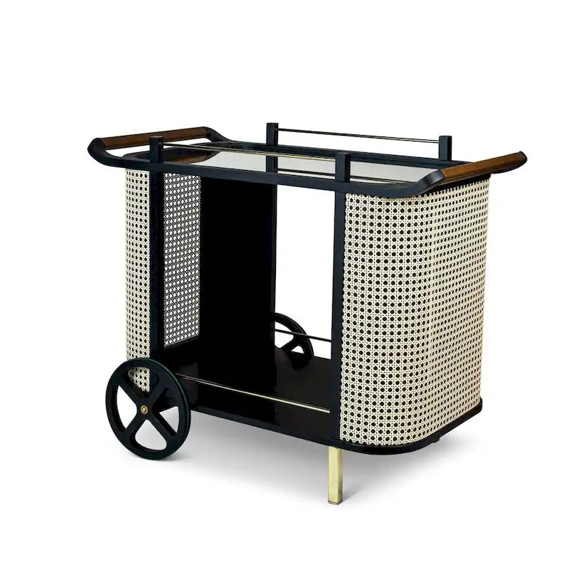Moderner Barwagen mit Spiegelfläche, Ledergriff und Wiener Geflecht