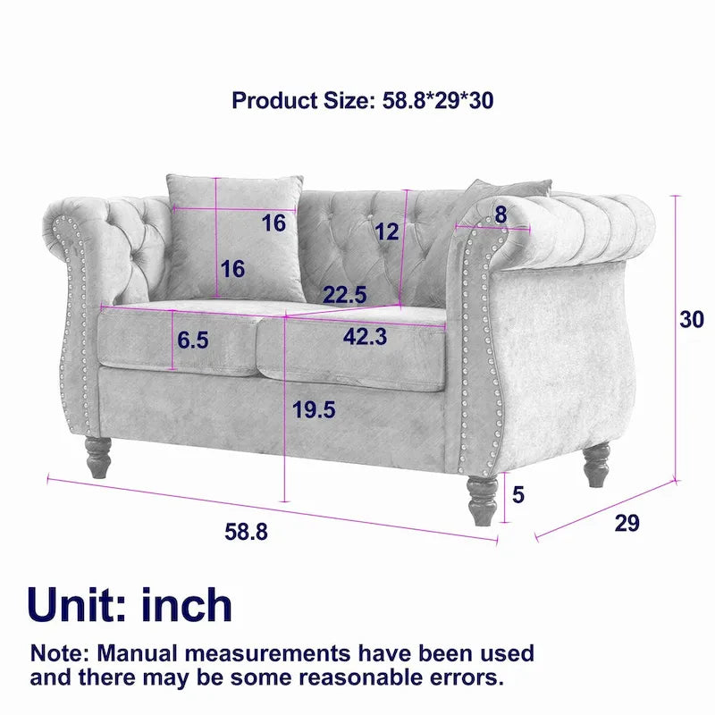 Aksamitna sofa Chesterfield 2-osobowa, podłokietniki w kształcie wałków, ozdobne ćwieki