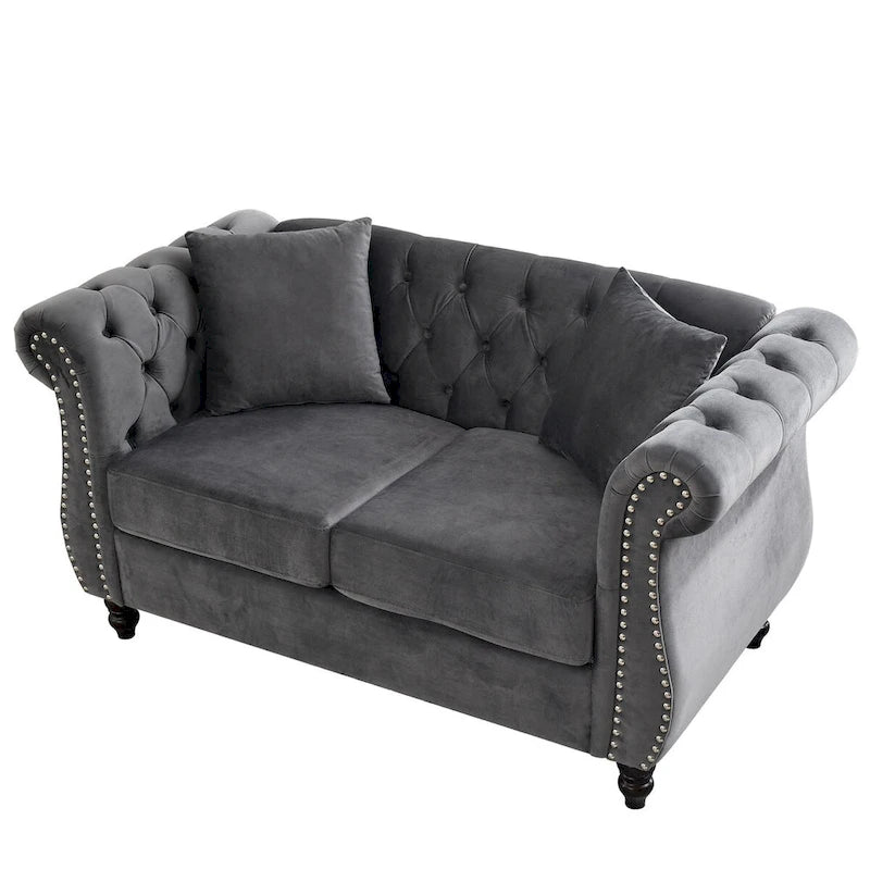 Aksamitna sofa Chesterfield 2-osobowa, podłokietniki w kształcie wałków, ozdobne ćwieki