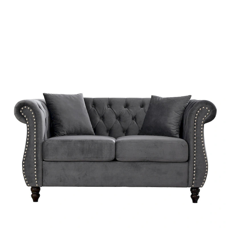 Aksamitna sofa Chesterfield 2-osobowa, podłokietniki w kształcie wałków, ozdobne ćwieki