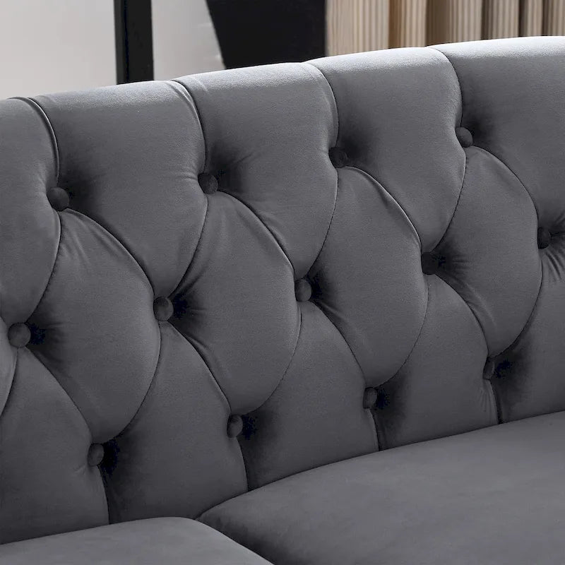 Aksamitna sofa Chesterfield 2-osobowa, podłokietniki w kształcie wałków, ozdobne ćwieki
