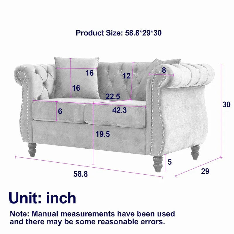 Aksamitna sofa Chesterfield 2-osobowa, podłokietniki w kształcie wałków, ozdobne ćwieki