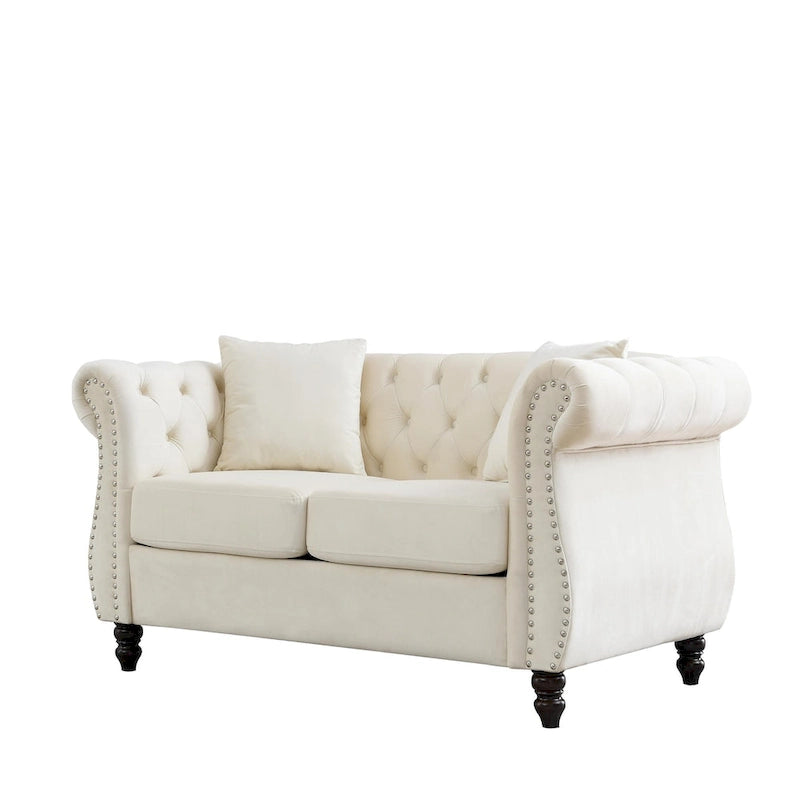 Aksamitna sofa Chesterfield 2-osobowa, podłokietniki w kształcie wałków, ozdobne ćwieki