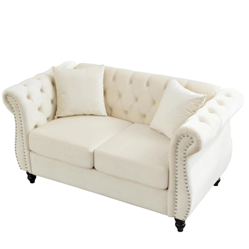 Aksamitna sofa Chesterfield 2-osobowa, podłokietniki w kształcie wałków, ozdobne ćwieki