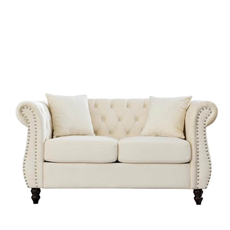 Aksamitna sofa Chesterfield 2-osobowa, podłokietniki w kształcie wałków, ozdobne ćwieki