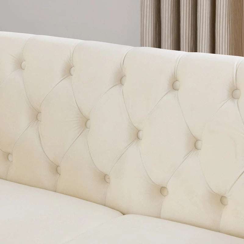 Aksamitna sofa Chesterfield 2-osobowa, podłokietniki w kształcie wałków, ozdobne ćwieki